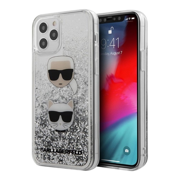 Чехол Lagerfeld для iPhone 12/12 Pro Liquid glitter Karl and Choupette heads. Цвет: серебристый