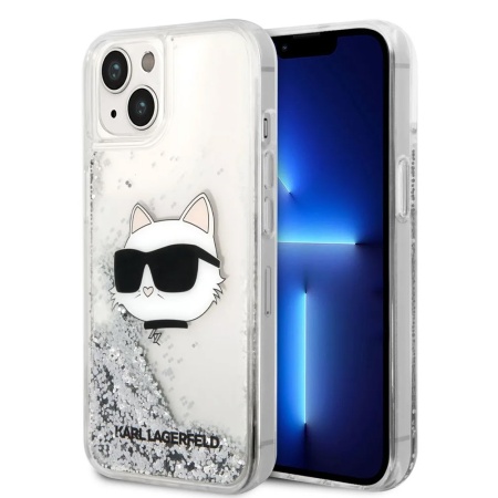 Чехол Lagerfeld для iPhone 15 Liquid Glitter NFT Choupette head Hard. Цвет: серебристый