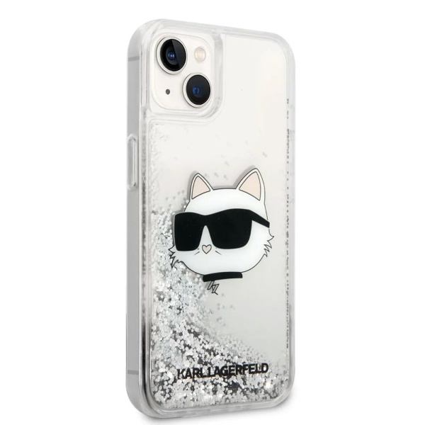 Чехол Lagerfeld для iPhone 15 Liquid Glitter NFT Choupette head Hard. Цвет: серебристый