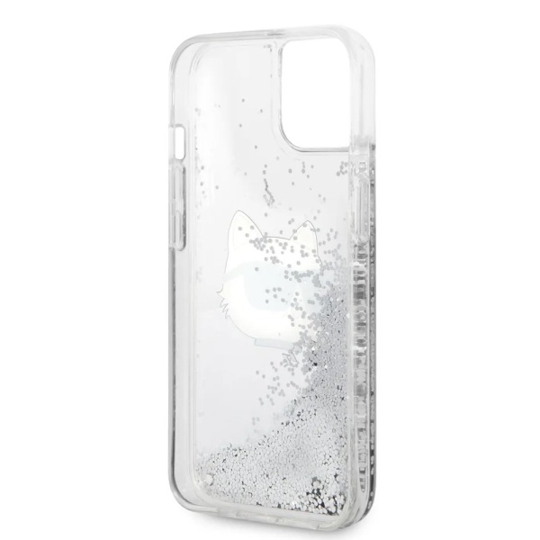 Чехол Lagerfeld для iPhone 15 Liquid Glitter NFT Choupette head Hard. Цвет: серебристый