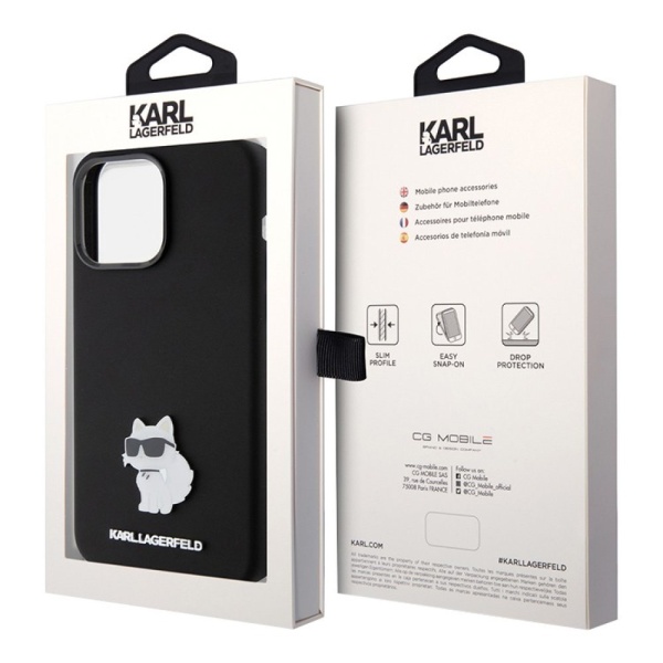 Чехол Lagerfeld Liquid silicone NFT Choupette metal pin для iPhone 15 Pro. Цвет: чёрный