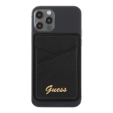 Магнитный бумажник Guess Wallet Cardslot Magsafe Saffiano Script logo. Цвет: чёрный