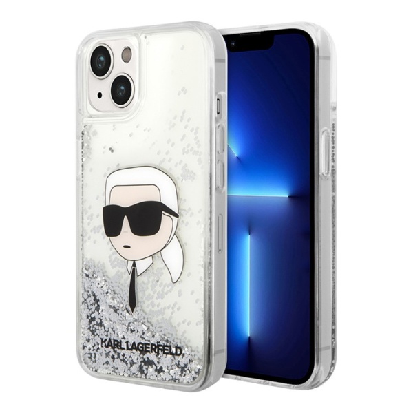 Чехол Lagerfeld для iPhone 15 Liquid Glitter NFT Karl head Hard. Цвет: серебристый