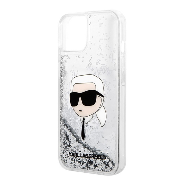 Чехол Lagerfeld для iPhone 15 Liquid Glitter NFT Karl head Hard. Цвет: серебристый