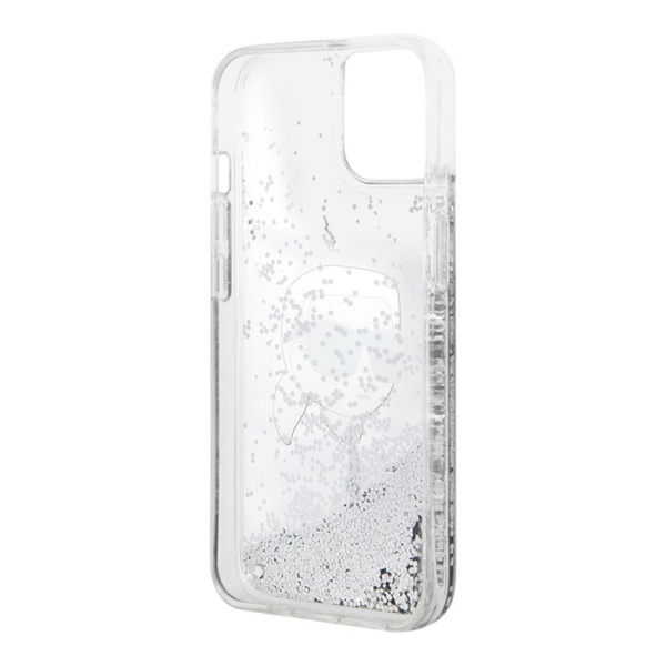 Чехол Lagerfeld для iPhone 15 Liquid Glitter NFT Karl head Hard. Цвет: серебристый