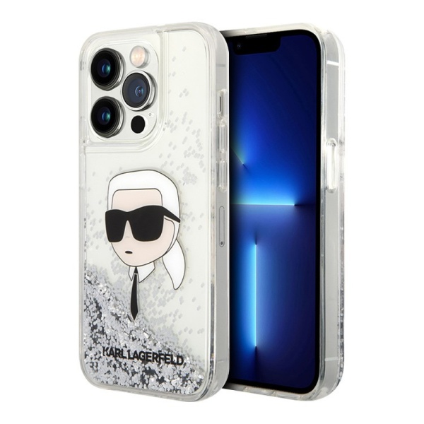 Чехол Lagerfeld Liquid Glitter NFT Karl head Hard для iPhone 15 Pro. Цвет: серебристый