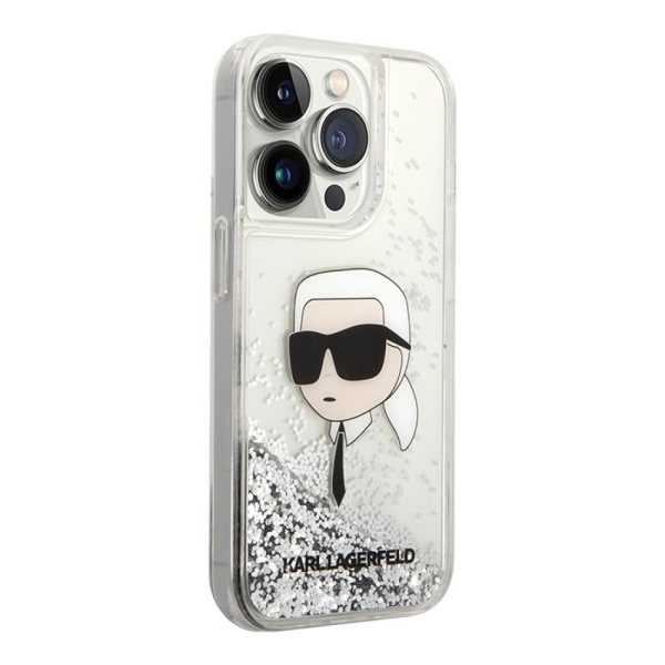 Чехол Lagerfeld Liquid Glitter NFT Karl head Hard для iPhone 15 Pro. Цвет: серебристый