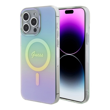 Чехол Guess PC/TPU Script printed logo Hard MagSafe для iPhone 15 Pro Max. Цвет: радужный бирюзовый