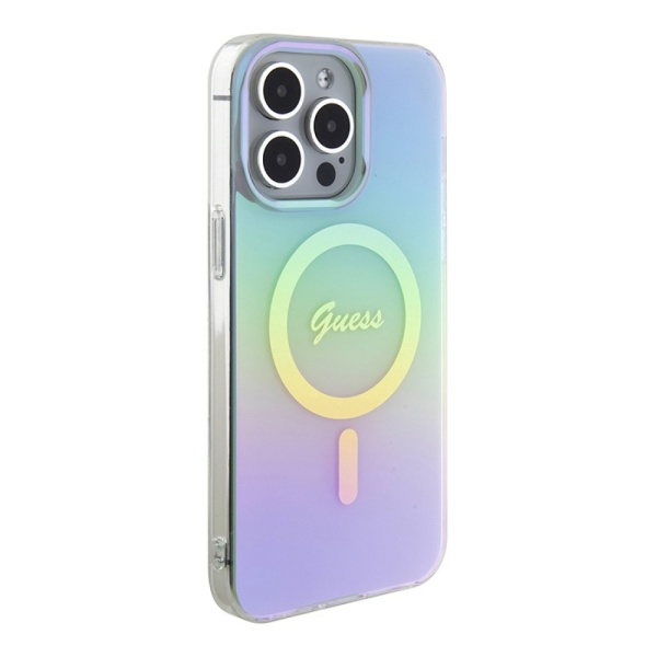 Чехол Guess PC/TPU Script printed logo Hard MagSafe для iPhone 15 Pro Max. Цвет: радужный бирюзовый