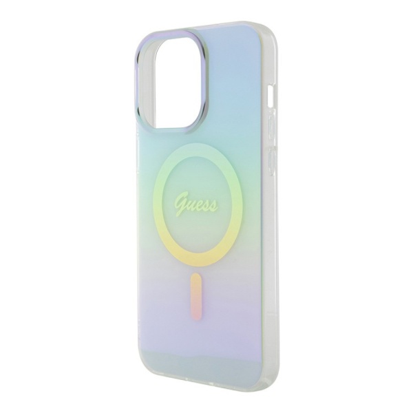 Чехол Guess PC/TPU Script printed logo Hard MagSafe для iPhone 15 Pro Max. Цвет: радужный бирюзовый