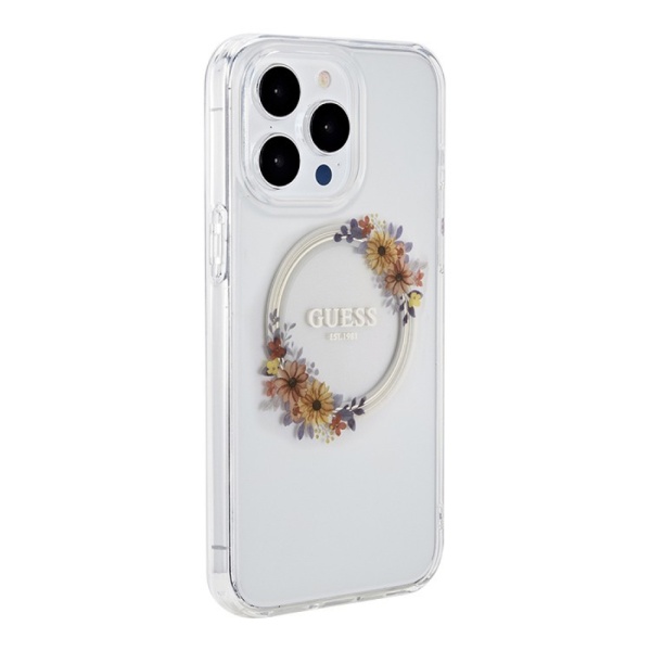 Чехол Guess PC/TPU Flowers Wreath Hard MagSafe для iPhone 15 Pro Max. Цвет: прозрачный