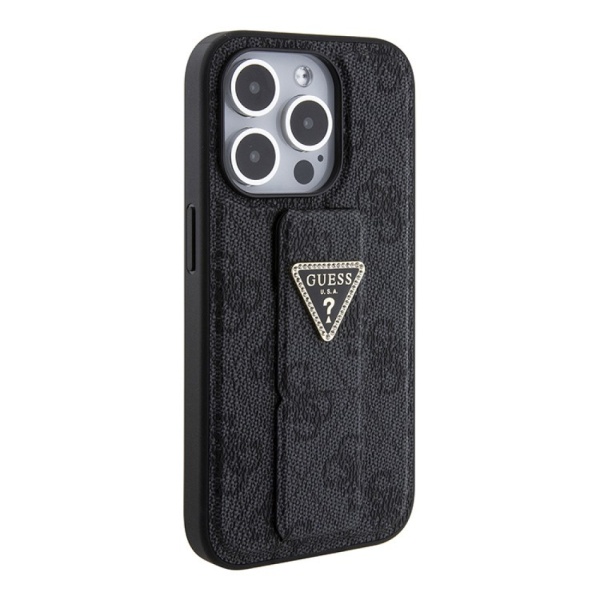 Чехол Guess PU 4G GripStand Triangle Diamond metal logo Hard для iPhone 15 Pro. Цвет: черный