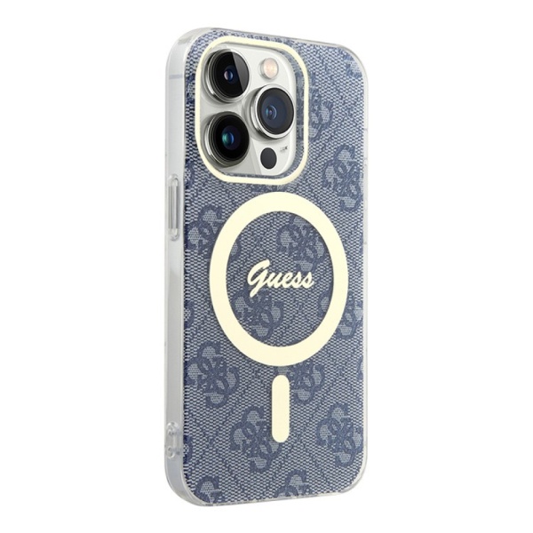 Чехол Guess PC/TPU 4G Hard MagSafe для iPhone 15 Pro. Цвет: синий/золотой