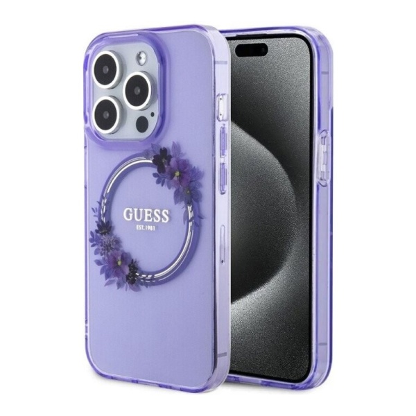 Чехол Guess PC/TPU Flowers Wreath Hard MagSafe для iPhone 15 Pro. Цвет: фиолетовый