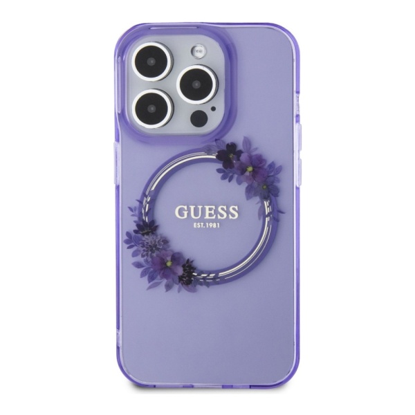 Чехол Guess PC/TPU Flowers Wreath Hard MagSafe для iPhone 15 Pro. Цвет: фиолетовый