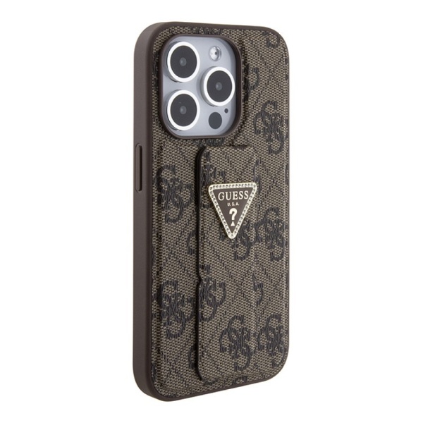 Чехол Guess PU 4G GripStand Triangle Diamond metal logo Hard для iPhone 15 Pro Max. Цвет: коричневый