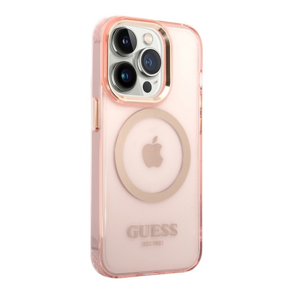 Чехол Guess для iPhone 14 Pro Max PC/TPU Metal outline Hard (MagSafe). Цвет: розовый/золотой