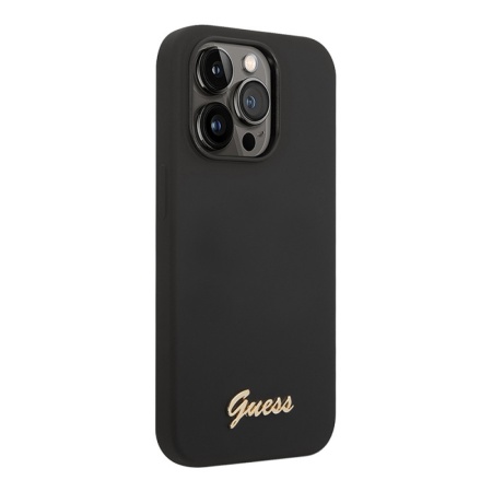 Чехол Guess для iPhone 14 Pro Max Liquid silicone Gold metal logo Hard. Цвет: чёрный