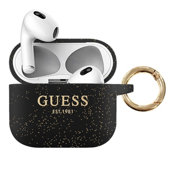 Чехол Guess для AirPods 3 с кольцом, блестящий силикон. Цвет: чёрный