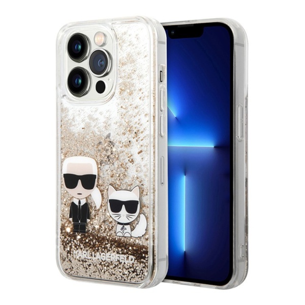 Чехол Lagerfeld для iPhone 14 Pro Liquid glitter Karl & Choupette Hard. Цвет: золотой