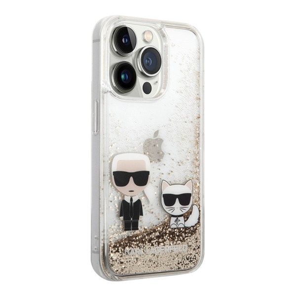 Чехол Lagerfeld для iPhone 14 Pro Liquid glitter Karl & Choupette Hard. Цвет: золотой