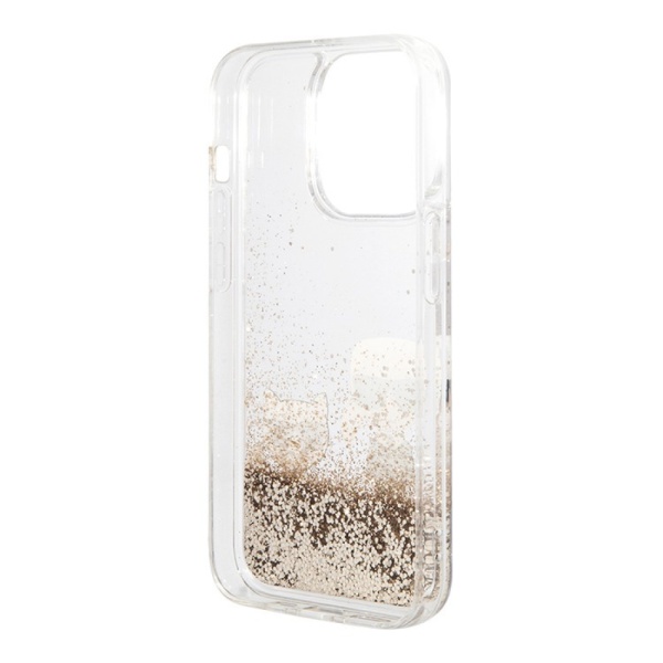 Чехол Lagerfeld для iPhone 14 Pro Liquid glitter Karl & Choupette Hard. Цвет: золотой